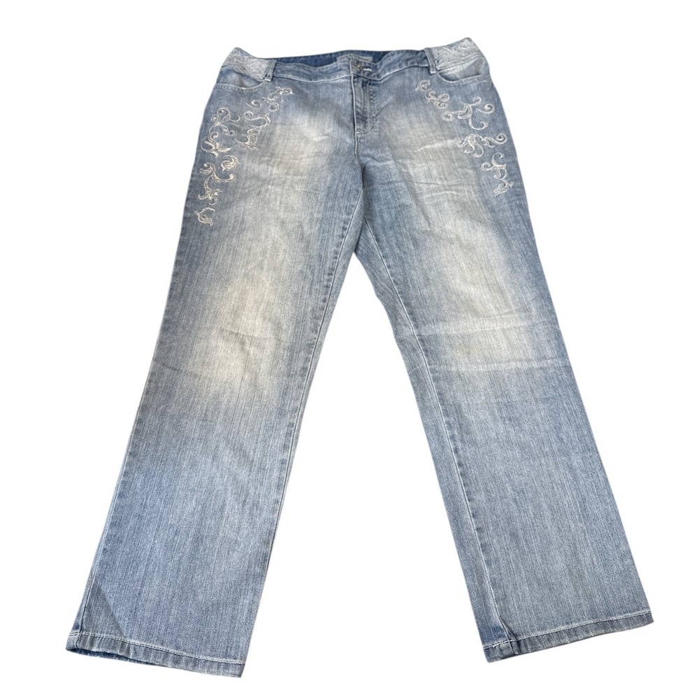 Chico's‎ Platinum Embroidered Light Denim Jeans Boho Cottagecore Stretch Sz 25